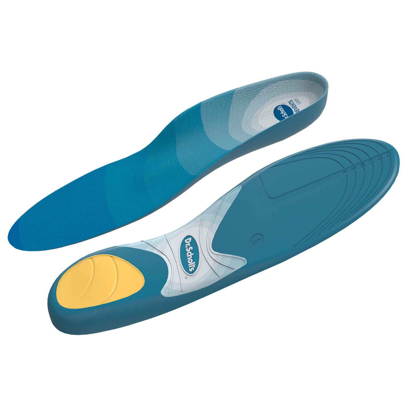 Pair of blue shoe insoles shown from the top and underside with contoured cushioning a yellow heel pad and translucent support sections