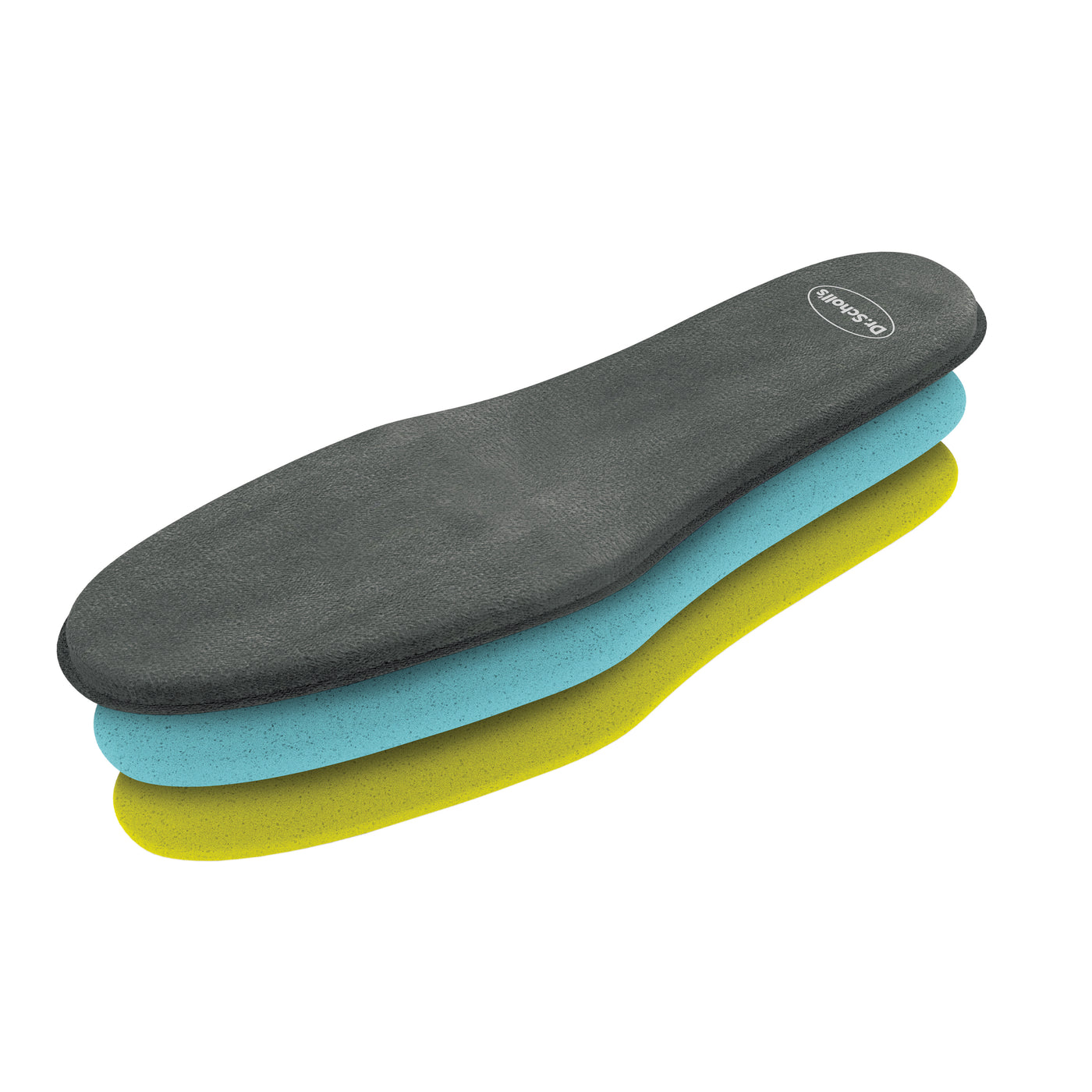 Three layered shoe insoles in black, blue, and yellow, stacked against a white background with a small oval logo on the top insole