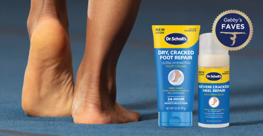 Dr. Scholl's foot repair products with a person's feet in the background.