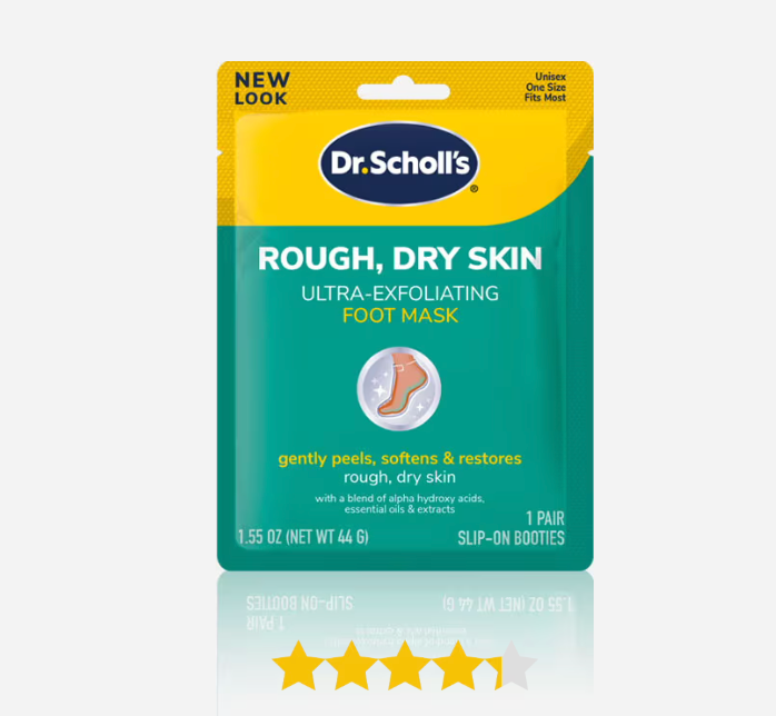 Dr. Scholl's rough dry skin foot mask packaging on a white background