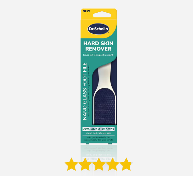 Dr. Scholl's Hard Skin Remover packaging with a five-star rating on a white background