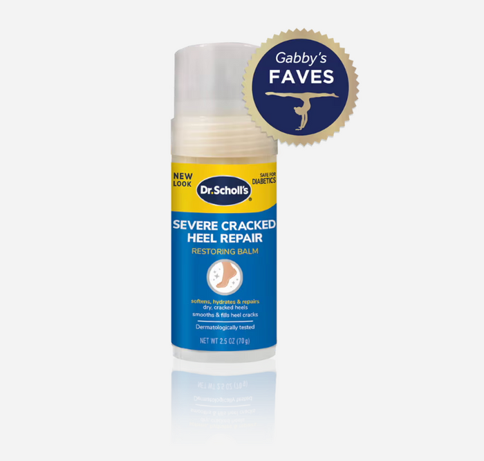 Dr. Scholl's Severe Cracked Heel Repair balm with a 'Gabby's Faves' badge on a white background