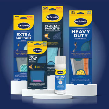 A set of Dr. Scholl's plantar fasciitis and heel support products displayed on white pedestals against a dark blue gradient background.