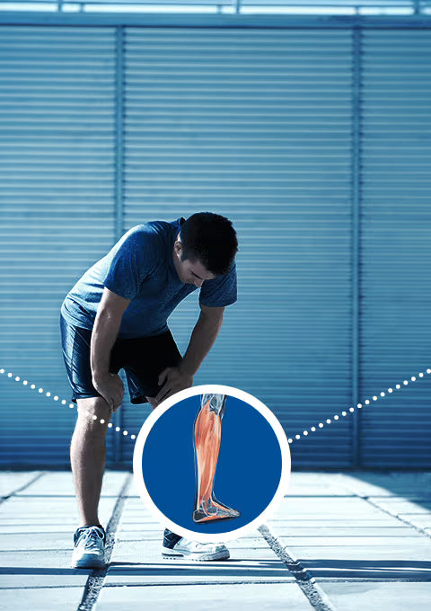 Man stretching outdoors with a close-up of a leg muscle on a blue background
