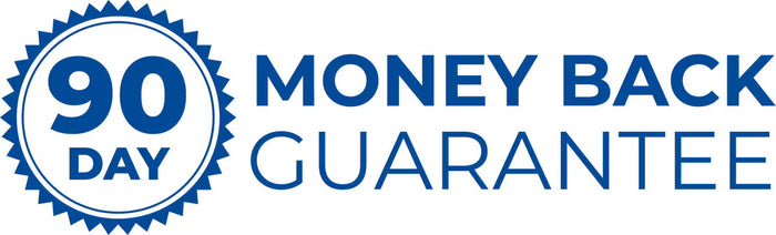90-day money-back guarantee logo with blue text and emblem