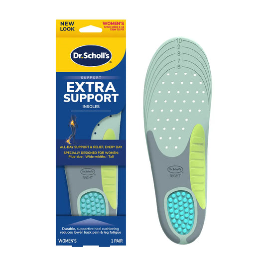 Dr. Scholl's Extra Support Women's arch support insoles shown next to their retail packaging box.