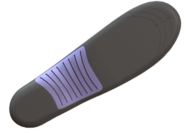 Black elongated handheld device with a purple textured grip panel and curved adjustment markings near one end