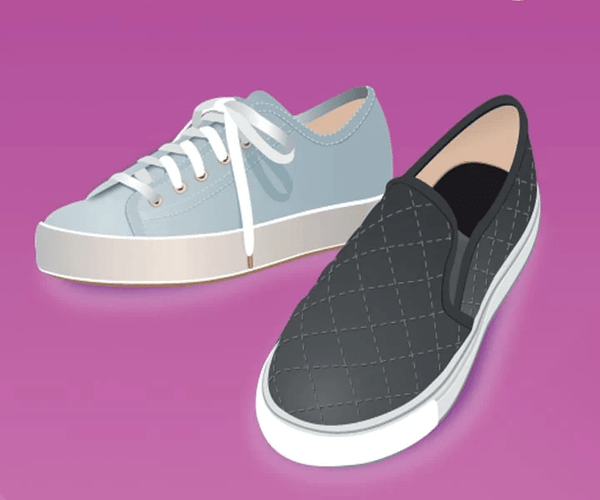 Illustration of two casual shoes on a pink background with a light blue lace up sneaker behind a black quilted slip on shoe with white soles