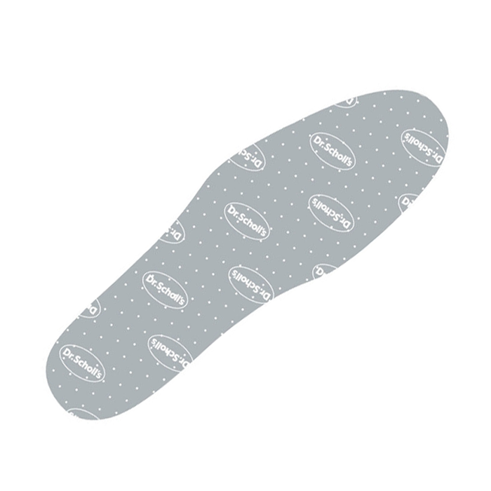 Gray foot-shaped insole with rounded toe and heel contours covered in white dots and repeated oval markings on a plain white background