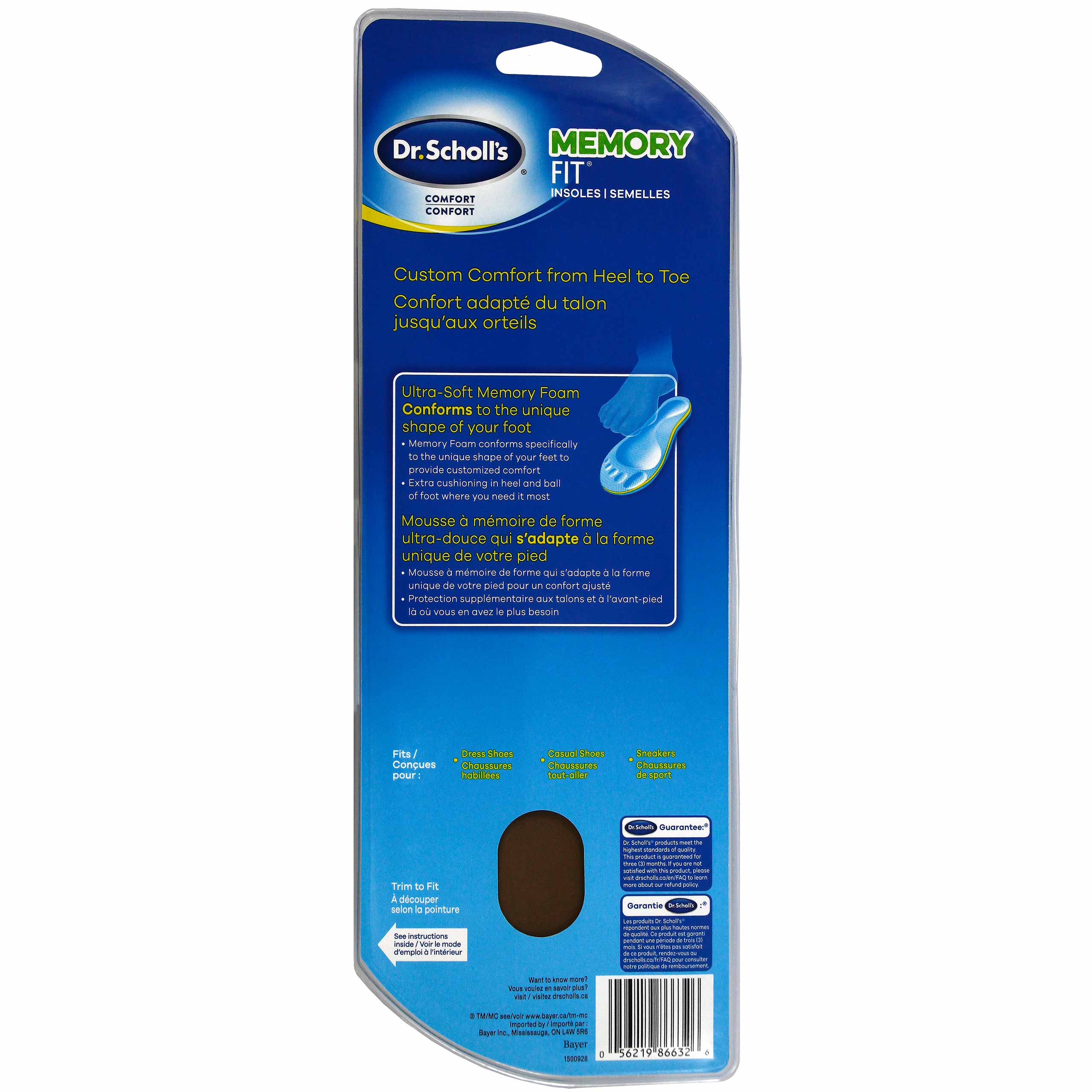 Scholl’s Comfort and Energy Memory Fit Insoles for Men 1 Pair Size 8-14 Dr 